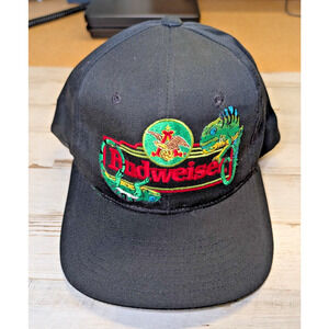 Vintage Budweiser Beer Iguana Embroidered Snapback Baseball Hat Cap Black 1995